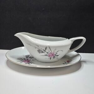 Golden Rose Japan Fine China Gravy Boat Underplate Pink Rose Gold Trim Vintage